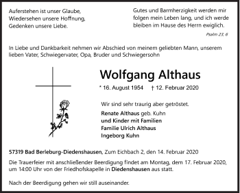 Traueranzeige von Wolfgang Althaus von Siegener Zeitung