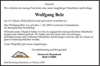 Traueranzeige von Wolfgang Belz von Siegener Zeitung