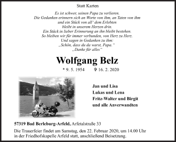 Traueranzeige von Wolfgang Belz von Siegener Zeitung