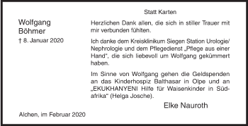 Traueranzeige von Wolfgang Böhmer von Siegener Zeitung