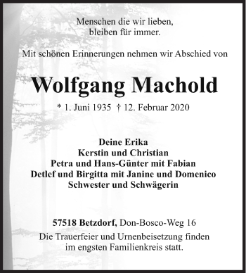 Traueranzeige von Wolfgang Machold von Siegener Zeitung