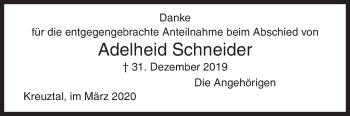 Traueranzeige von Adelheid Schneider von Siegener Zeitung
