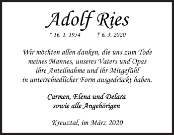 Traueranzeige von Adolf Ries von Siegener Zeitung