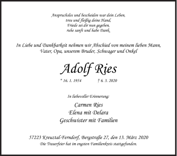 Traueranzeige von Adolf Ries von Siegener Zeitung