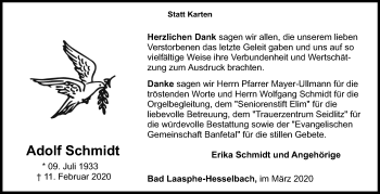 Traueranzeige von Adolf Schmidt von Siegener Zeitung