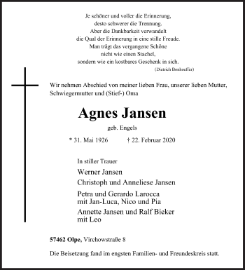 Traueranzeige von Agnes Jansen von Siegener Zeitung