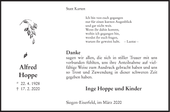 Traueranzeige von Alfred Hoppe von Siegener Zeitung