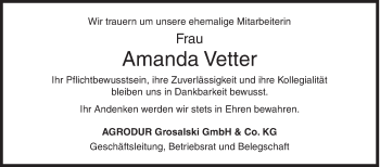 Traueranzeige von Amanda Vetter von Siegener Zeitung