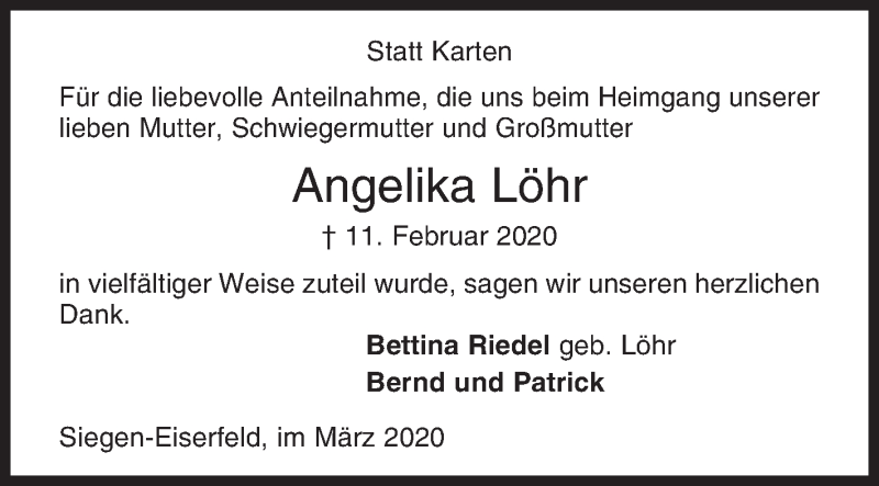  Traueranzeige für Angelika Löhr vom 07.03.2020 aus Siegener Zeitung