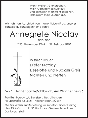 Traueranzeige von Annegrete Nicolay von Siegener Zeitung