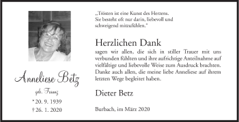 Traueranzeige von Anneliese Betz von Siegener Zeitung