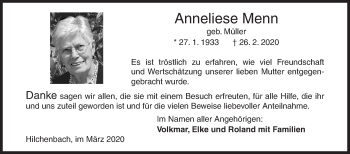 Traueranzeige von Anneliese Menn von Siegener Zeitung