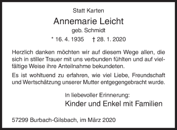 Traueranzeige von Annemarie Leicht von Siegener Zeitung