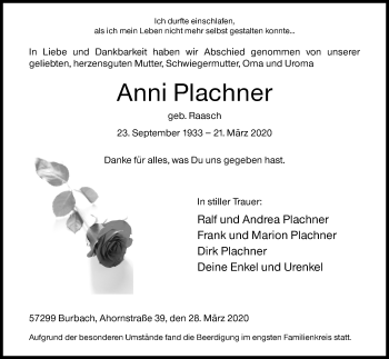 Traueranzeige von Anni Plachner von Siegener Zeitung