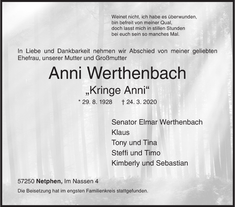  Traueranzeige für Anni Werthenbach vom 28.03.2020 aus Siegener Zeitung