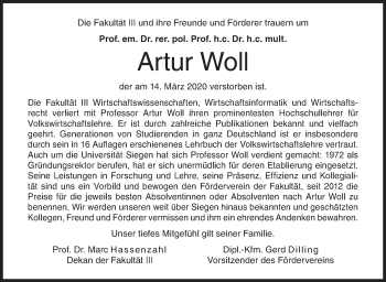 Traueranzeige von Artur Woll von Siegener Zeitung