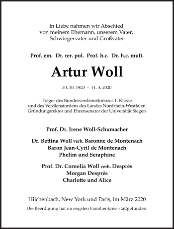 Traueranzeige von Artur Woll von Siegener Zeitung
