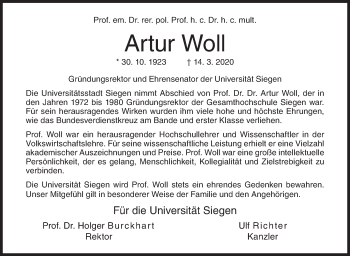 Traueranzeige von Artur Woll von Siegener Zeitung