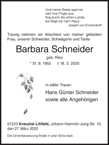 Traueranzeige von Barbara Schneider von Siegener Zeitung