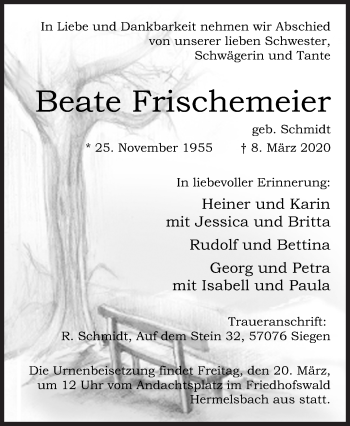 Traueranzeige von Beate Frischemeier von Siegener Zeitung