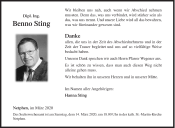 Traueranzeige von Benno Sting von Siegener Zeitung