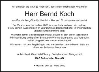 Traueranzeige von Bernd Koch von Siegener Zeitung