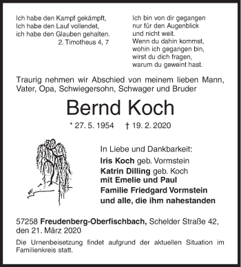 Traueranzeige von Bernd Koch von Siegener Zeitung