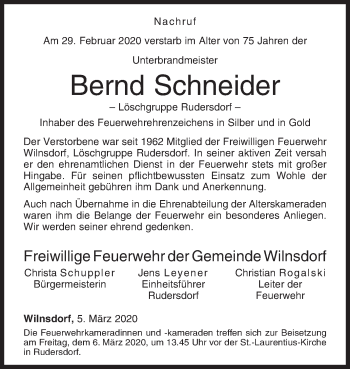 Traueranzeige von Bernd Schneider von Siegener Zeitung