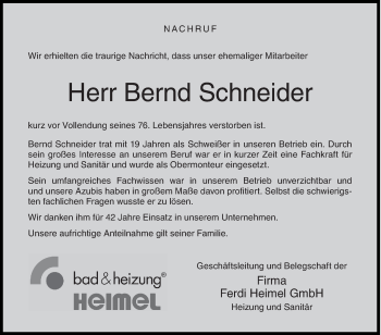 Traueranzeige von Bernd Schneider von Siegener Zeitung