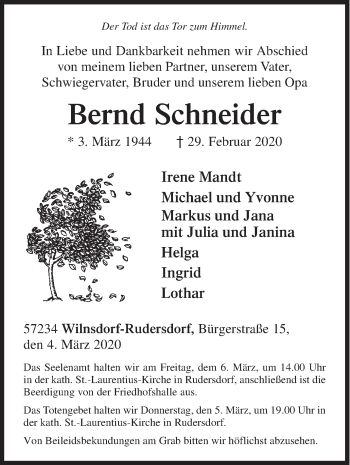 Traueranzeige von Bernd Schneider von Siegener Zeitung