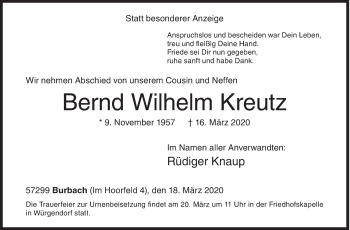 Traueranzeige von Bernd Wilhelm Kreutz von Siegener Zeitung