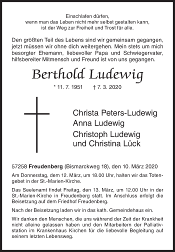 Traueranzeige von Berthold Ludewig von Siegener Zeitung