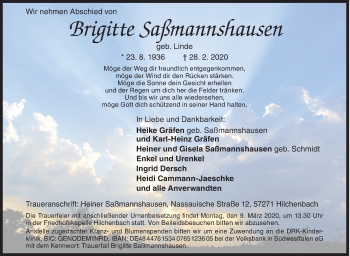Traueranzeige von Brigitte Saßmannshausen von Siegener Zeitung