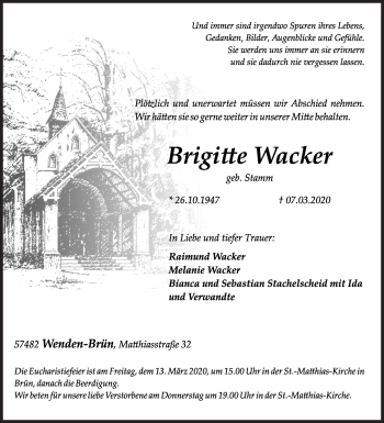 Traueranzeige von Brigitte Wacker von Siegener Zeitung