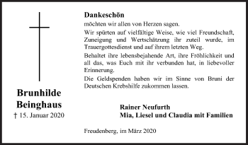 Traueranzeige von Brunhilde Beinghaus von Siegener Zeitung