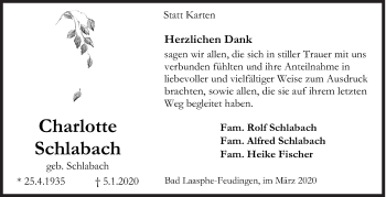 Traueranzeige von Charlotte Schlabach von Siegener Zeitung