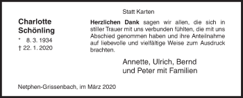 Traueranzeige von Charlotte Schönling von Siegener Zeitung