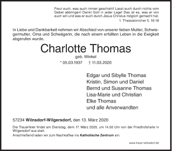Traueranzeige von Charlotte Thomas von Siegener Zeitung
