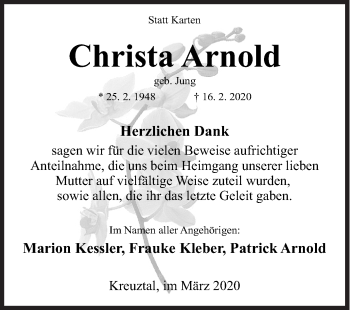Traueranzeige von ChristaArnold Arnold von Siegener Zeitung