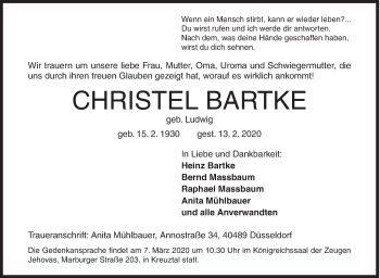Traueranzeige von Christel Bartke von Siegener Zeitung