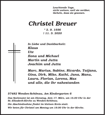 Traueranzeige von Christel Breuer von Siegener Zeitung