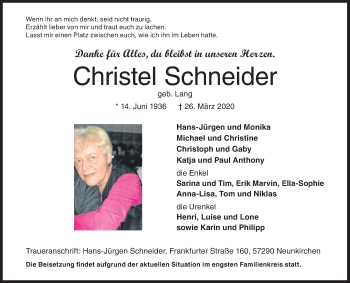 Traueranzeige von Christel Schneider von Siegener Zeitung