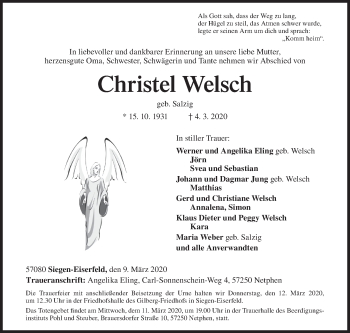 Traueranzeige von Christel Welsch von Siegener Zeitung