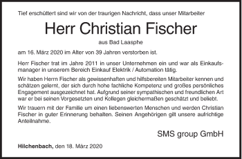Traueranzeige von Christian Fischer von Siegener Zeitung