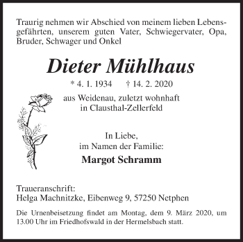 Traueranzeige von Dieter Mühlhaus von Siegener Zeitung
