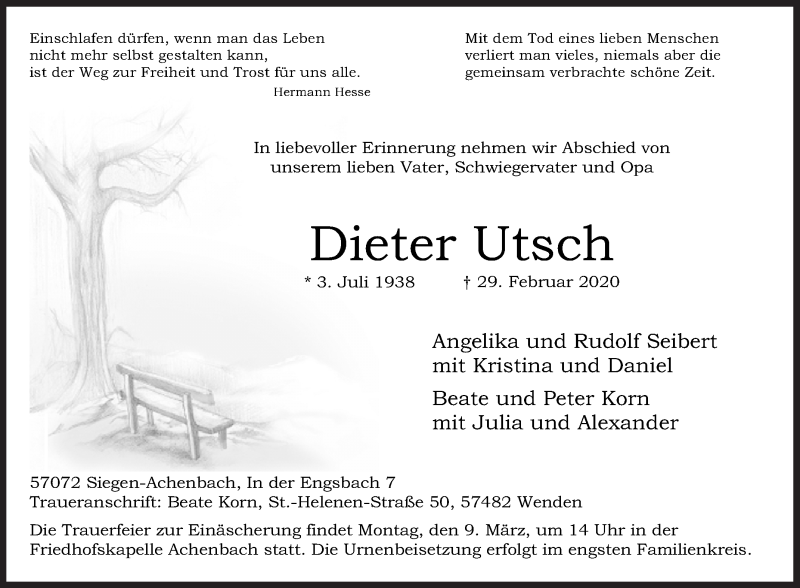  Traueranzeige für Dieter Utsch vom 04.03.2020 aus Siegener Zeitung