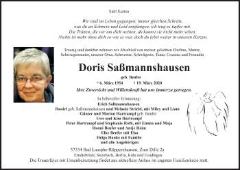 Traueranzeige von Doris Saßmannshausen von Siegener Zeitung
