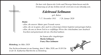 Traueranzeige von Edeltraud Sellmann von Siegener Zeitung