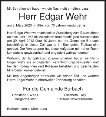 Traueranzeige von Edgar Wehr von Siegener Zeitung