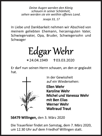 Traueranzeige von Edgar Wehr von Siegener Zeitung